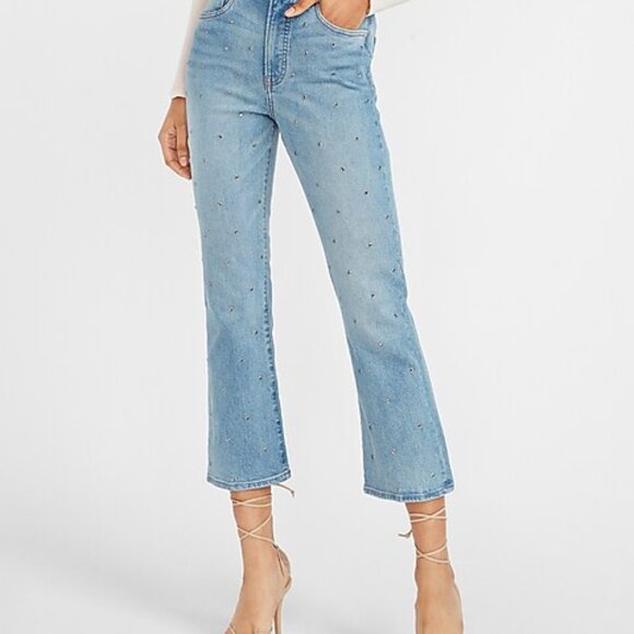Express High Waisted Embellished Dot Cropped Flare Jeans Womens 2 Light Blue - Picture 1 of 9
